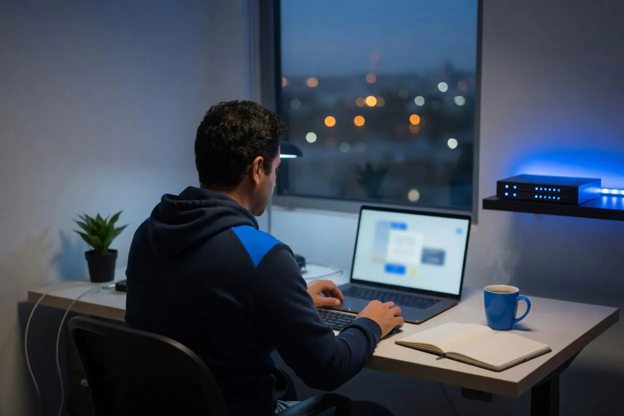 Desarrollador web en su laptop al anochecer, con un pequeño servidor de luces azules en la repisa a su lado
