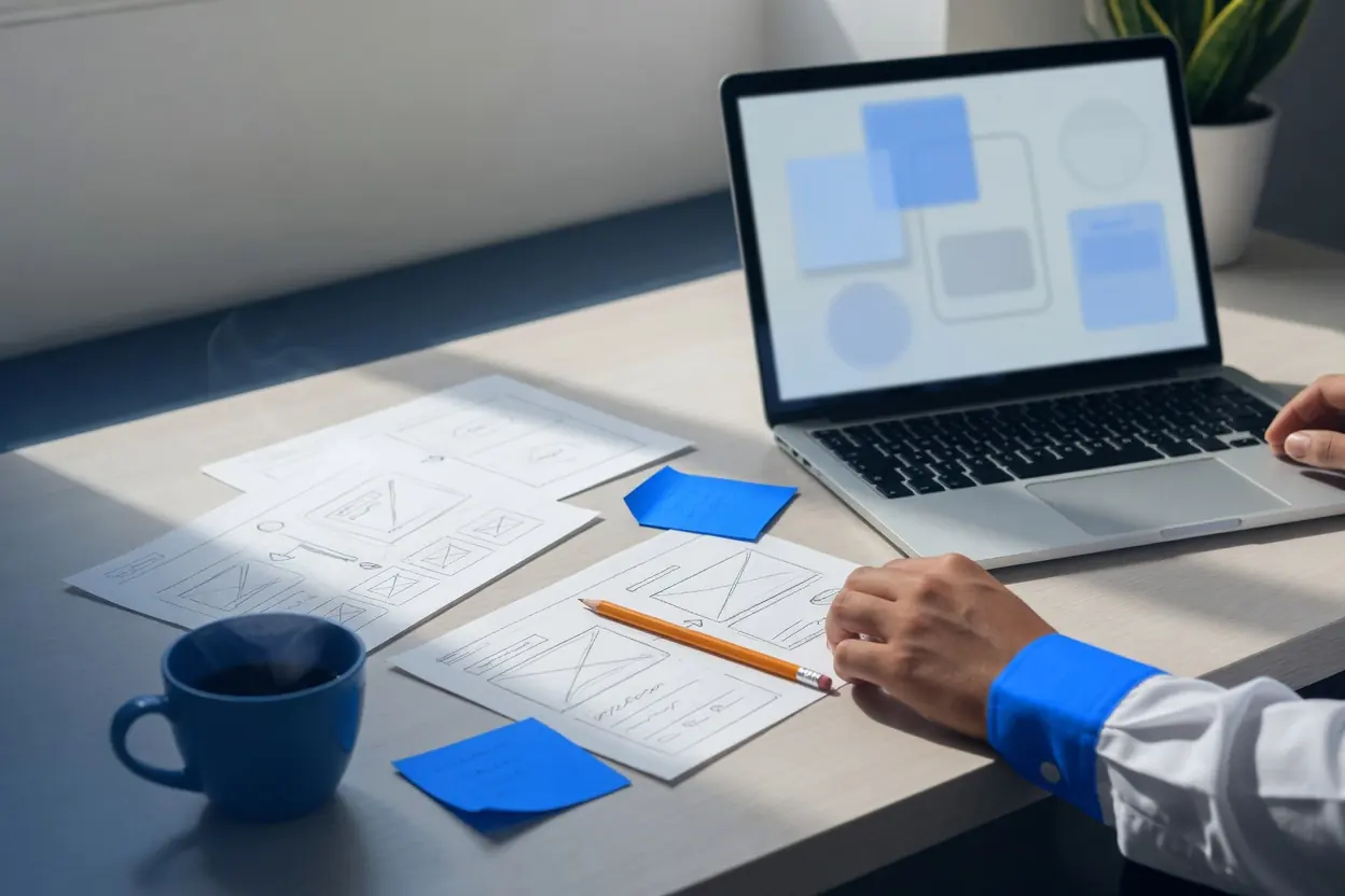 Bocetos a mano de una página web, un lápiz y notas adhesivas azules junto a una laptop con un primer diseño en pantalla