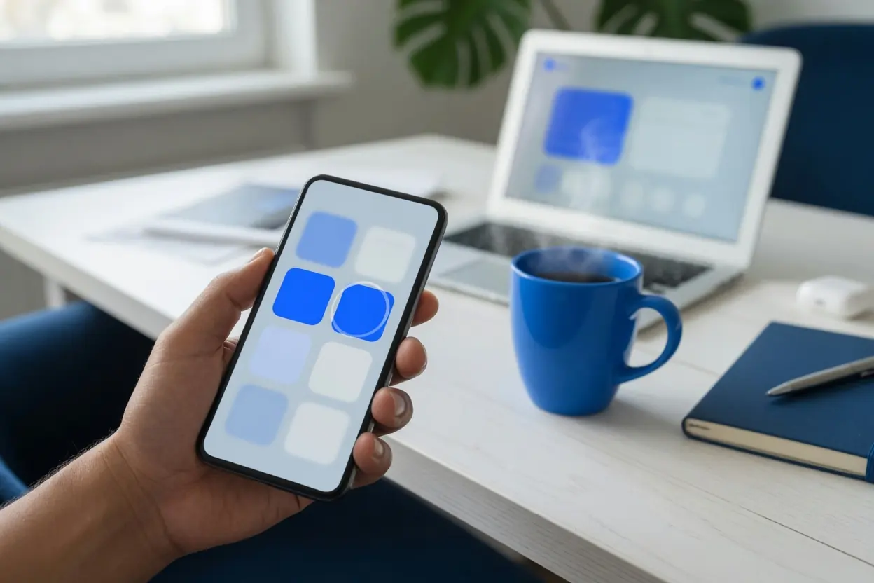 Mano sostiene un celular con un ícono de app resaltado en la pantalla de inicio; detrás, una laptop y una taza azul
