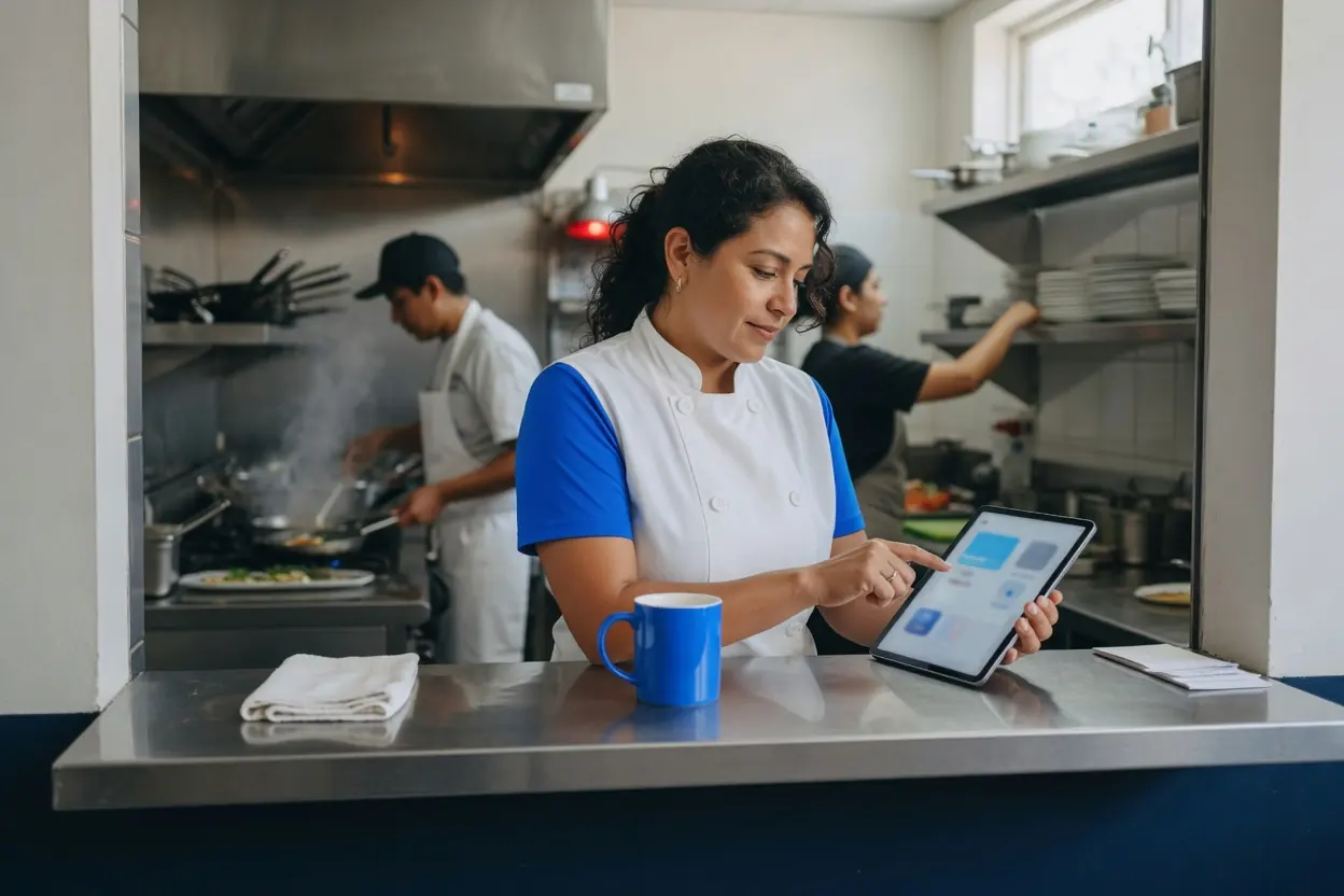 Gerente de restaurante en la barra de la cocina actualizando el menú en una tableta mientras los cocineros trabajan