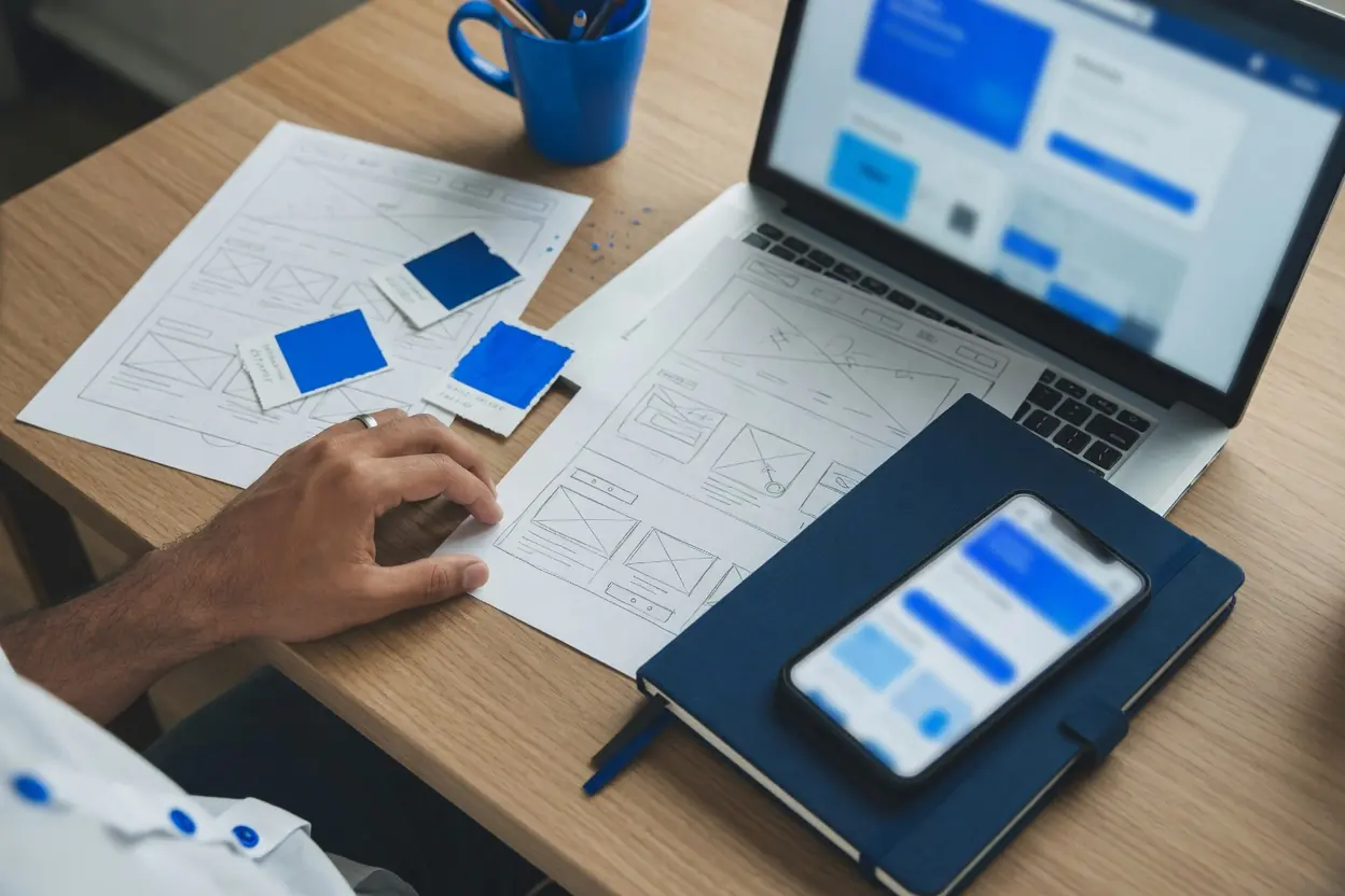 Bocetos de una página web y muestras de color azul junto a una laptop y un celular con el sitio terminado