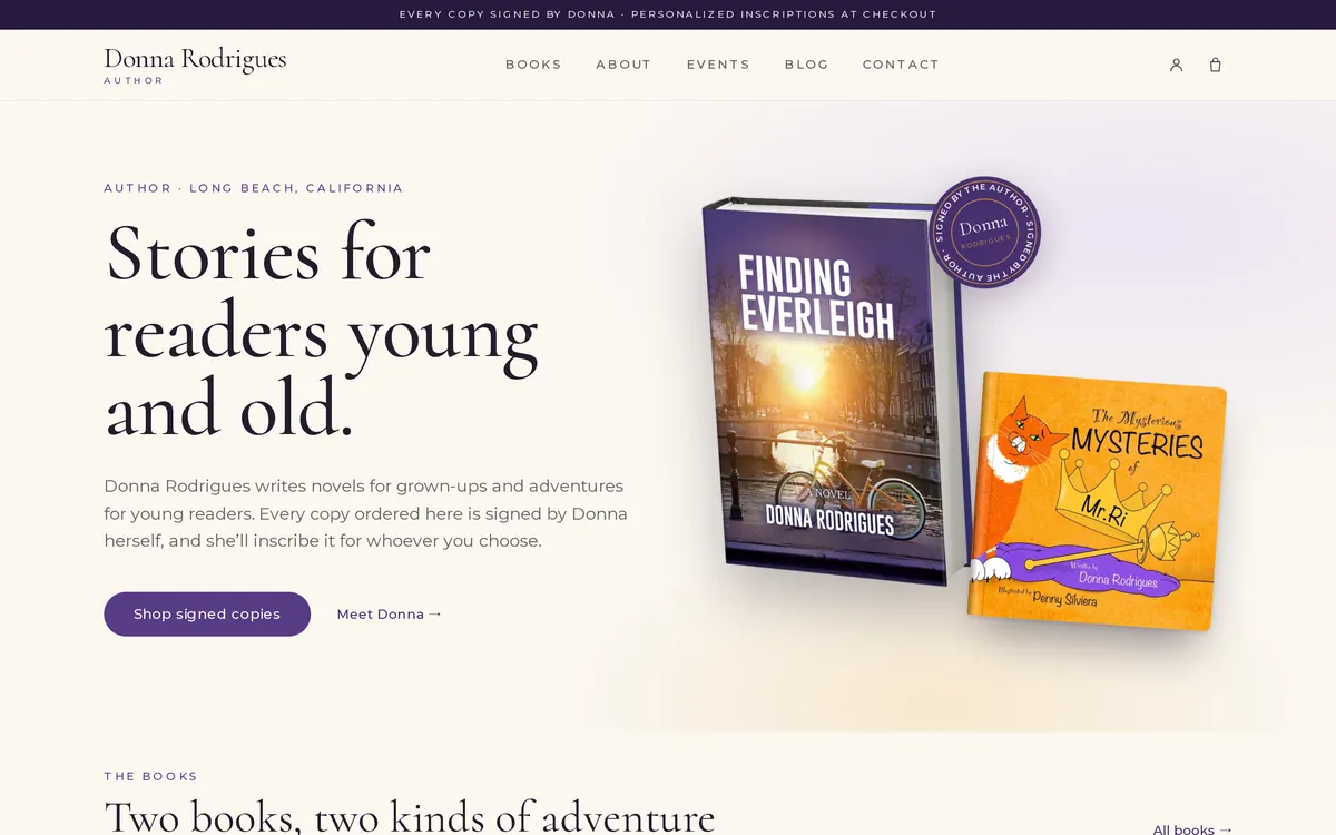 Donna Rodrigues homepage with the headline Stories for readers young and old and covers of her novel and children's book