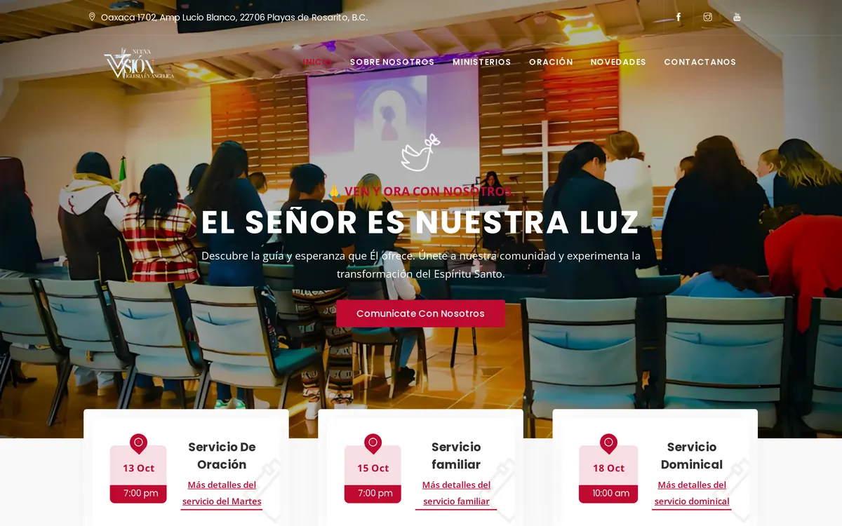Iglesia Evangélica Nueva Visión homepage with a worship photo hero, “El Señor es nuestra luz” headline and service dates