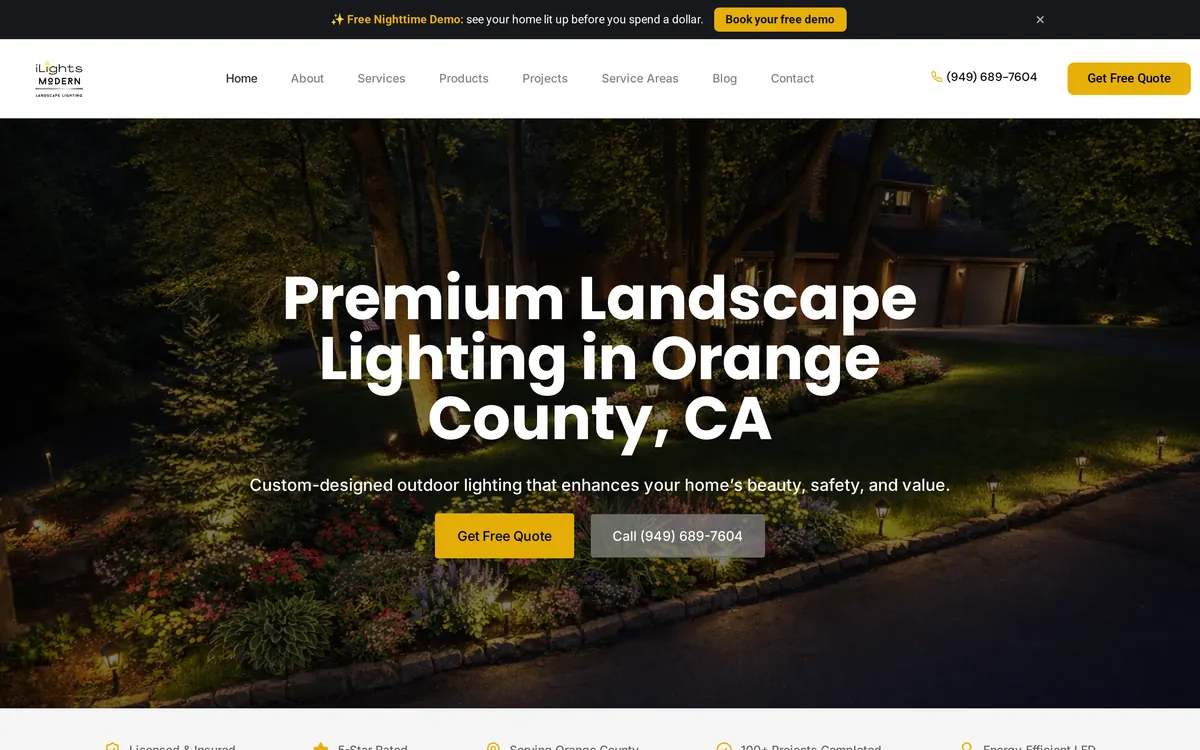 iLights Modern homepage with a lit front garden at night and the headline Premium Landscape Lighting in Orange County, CA