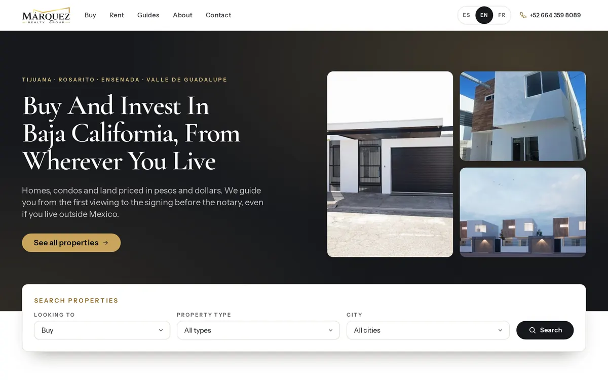 Márquez Realty Group: inicio con titular sobre Baja California, tres fotos de propiedades, selector de idioma y buscador