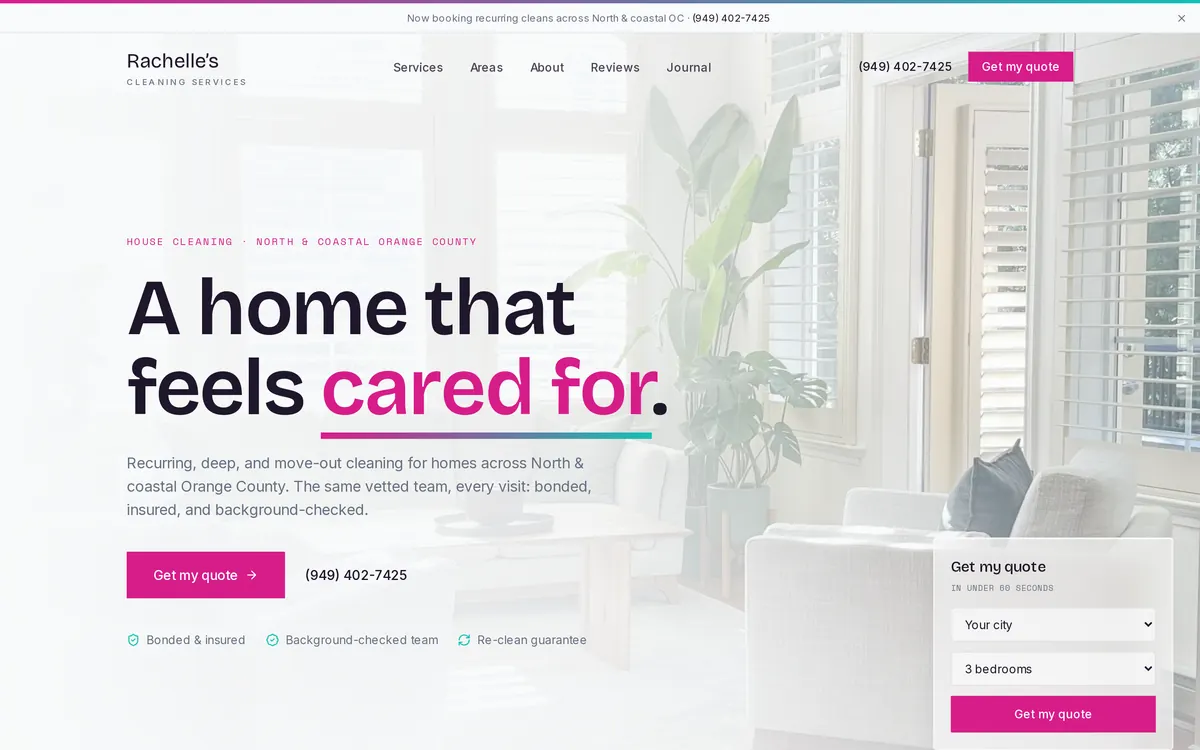 Rachelle's Cleaning Services: inicio con el titular A home that feels cared for, sellos de confianza y una cotización rápida