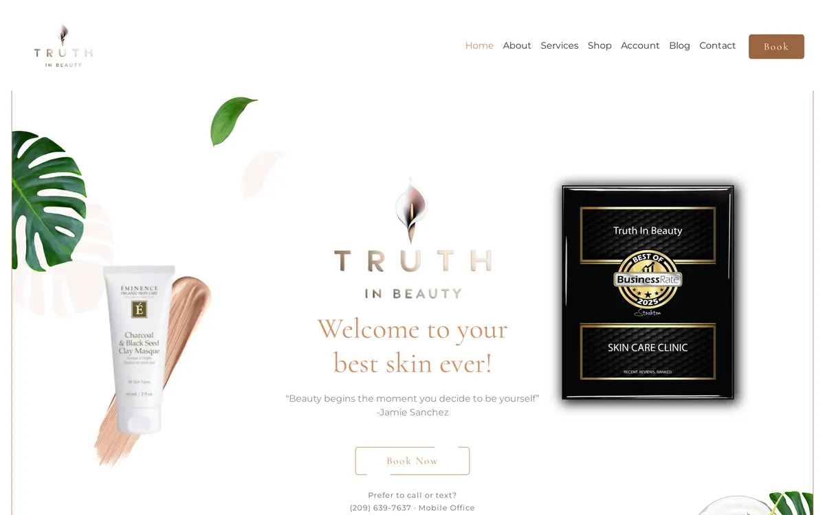 Truth In Beauty homepage with the logo, a Welcome to your best skin ever! headline, a skincare tube and a 2025 award plaque