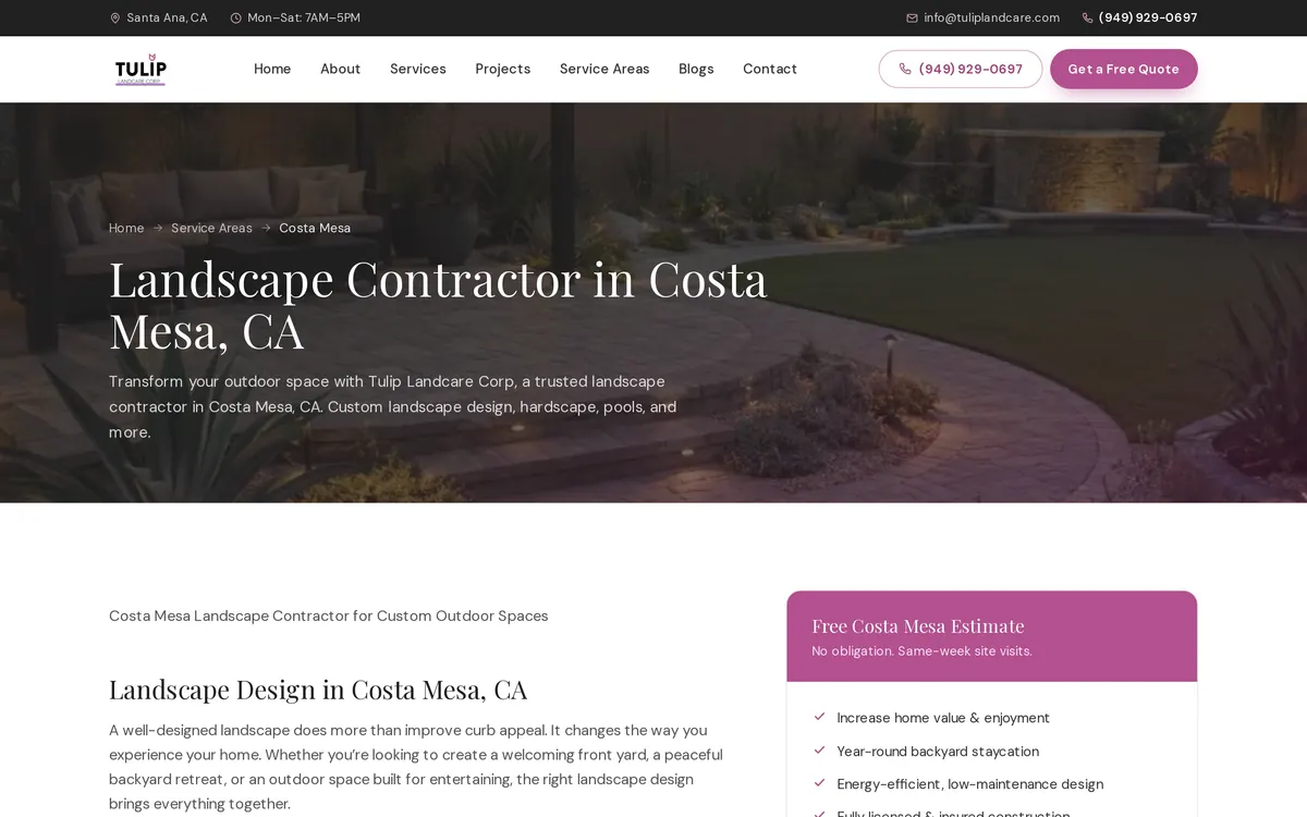 Tulip Landcare Costa Mesa page with a lit garden path header, local landscape design copy and a Free Costa Mesa Estimate card