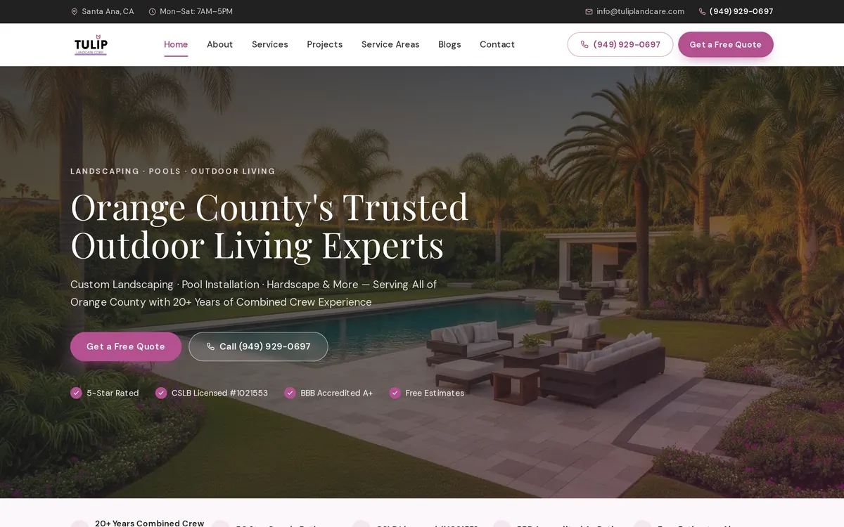 Tulip Landcare: página de inicio con una piscina y un patio bajo el titular Orange County's Trusted Outdoor Living Experts