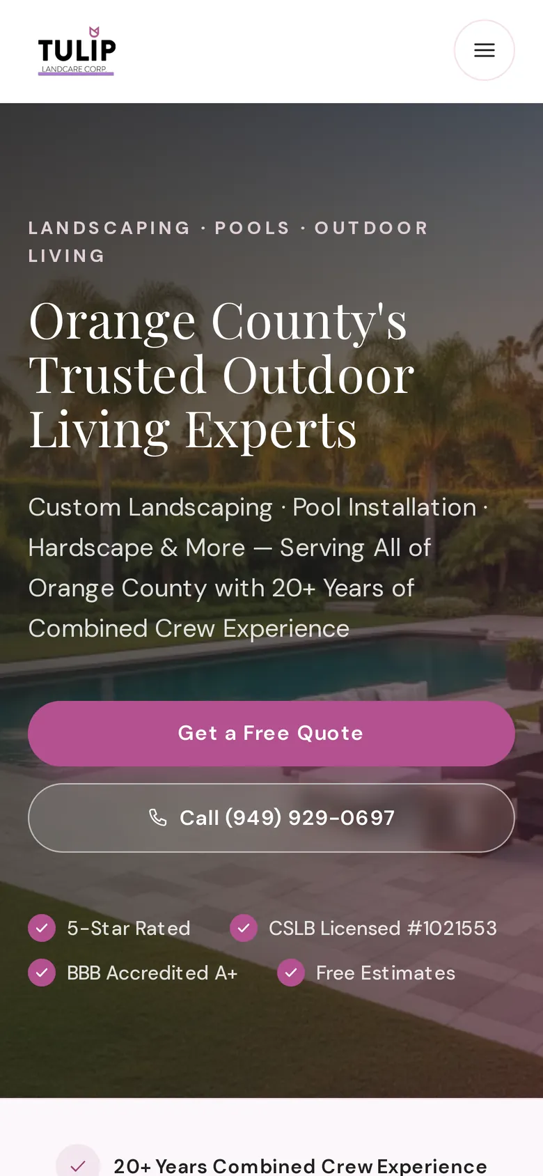 Tulip Landcare homepage on mobile with the outdoor living headline, a Get a Free Quote button, a call button and trust badges