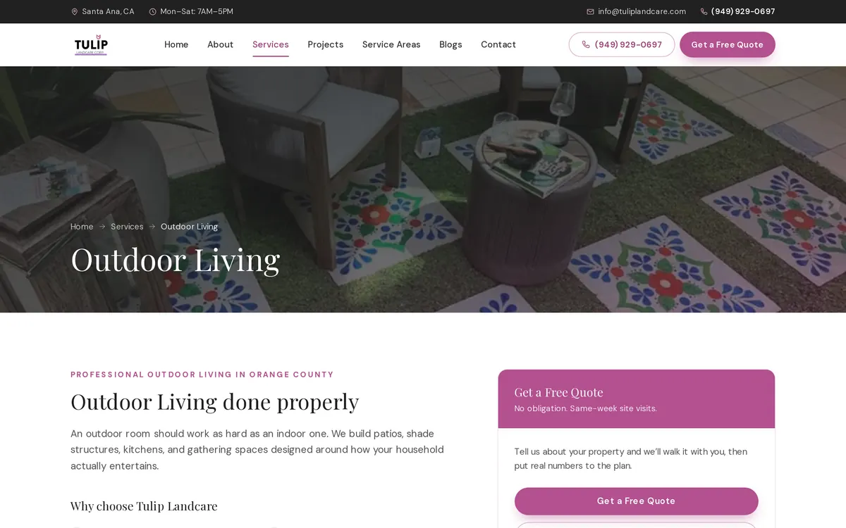 Tulip Landcare Outdoor Living service page with a patio photo header, breadcrumbs and a Get a Free Quote sidebar card